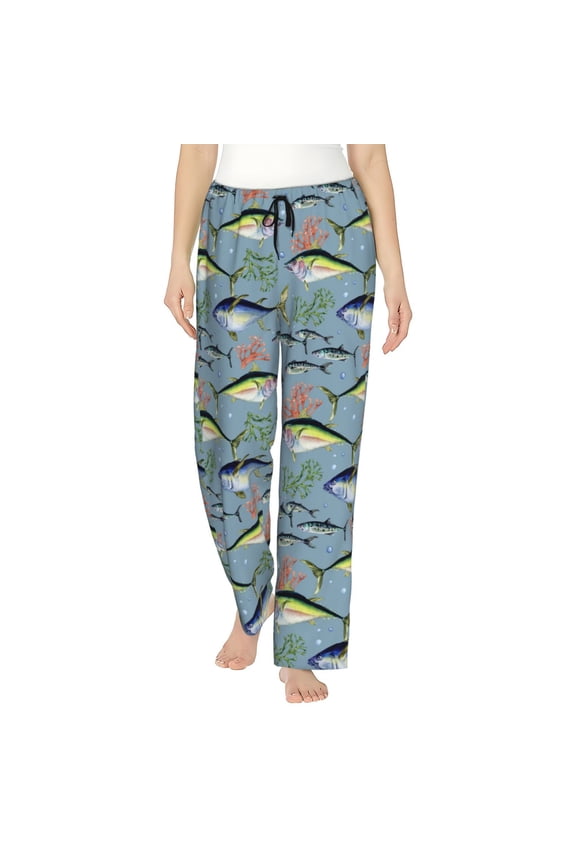 Various Wild Sea Fish Print Women Pajama Pants,Comfy Pj Bottom with Pockets & Drawstring,Stretch Casual Sleepwear-Medium