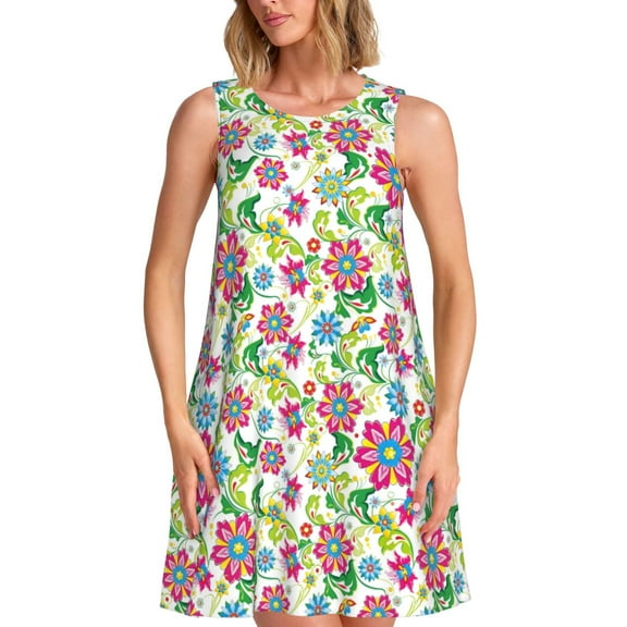 Logiee Vector Mexican Otomi Style Bright Print Summer Dresses for Women,Beach Sleeveless Flowy Pocket Tshirt Tank Sundresses,Women's Sleeveless Dress