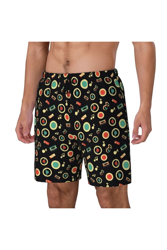 Vector Retro Music Print Men's Swim Trunk,Quick Dry Board Shorts ,Men's Swim Trunks with Compression Liner, Bathing Suits with Pockets-3X-Large