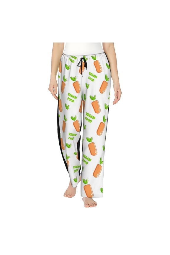 Vegan Fruit Carrot Print Women Pajama Pants,Comfy Pj Bottom with Pockets & Drawstring,Stretch Casual Sleepwear-Large