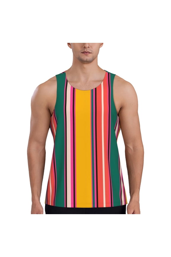 Vertical Stripes Print Men's Workout Tank Top,Quick Dry Workout Tank Top,Gym Muscle Tee,Fitness Bodybuilding Sleeveless T Shirt-Medium