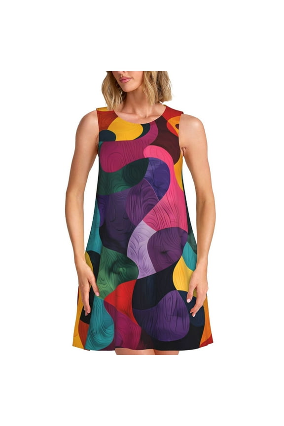 Vibrant Abstract Flow Print Summer Dresses for Women,Beach Sleeveless Flowy Pocket Tshirt Tank Sundresses,Women's Sleeveless Dress