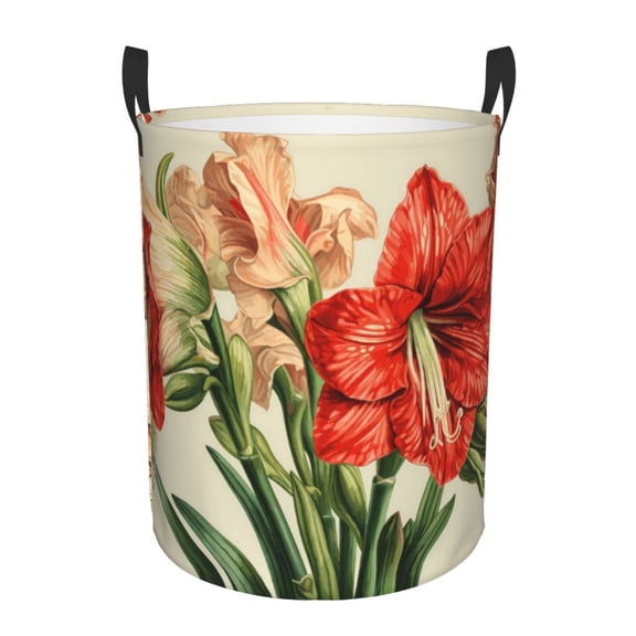 Logiee Vibrant Amaryllis Flowers Print Laundry Hamper,Dirty Clothes Hamper Storage Basket for Bathroom Bedrooms College Dorm, Circular Hamper with Handles,Collapsible Laundry Baskets-Small
