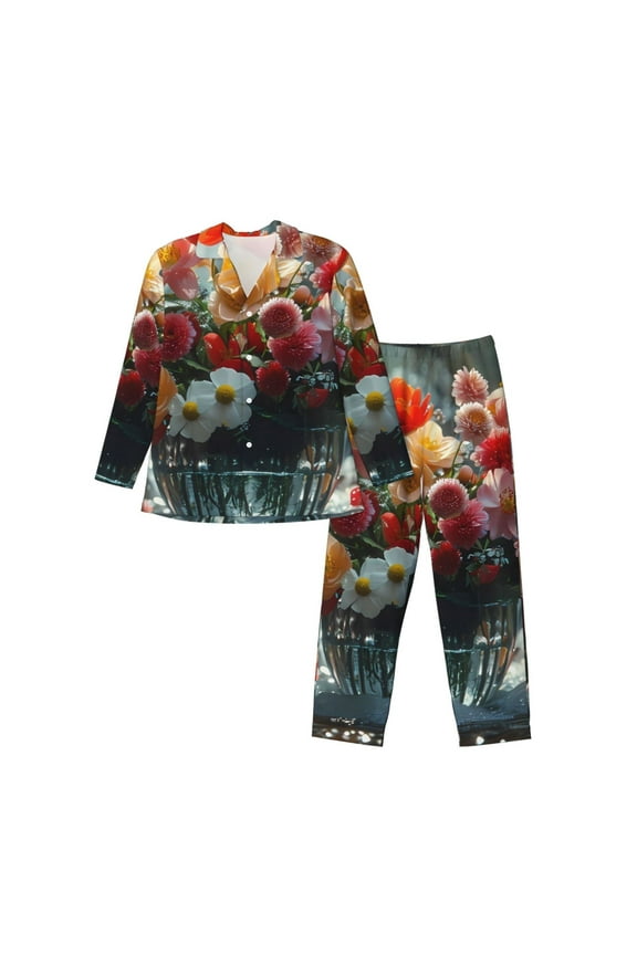 Vibrant Bouquet Waterfall Print Mens Long Sleeve Pajama Set,Notched Collar Pajamas for Men, Men's Sleepwear,Mens Sleepwear with Pockets & Button Down-Medium