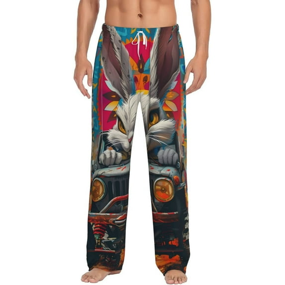 Logiee Vibrant Bunny Ride Print Pajama Pants for Men,Men’s Pajama Bottoms,Mens PJ Pants with Pockets & Button Fly-Medium