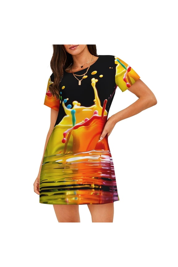 Vibrant Color Splash Print Nightgowns for Women,Soft Short-Sleeved Lightweight Sleepwear, Loose Sleepshirts