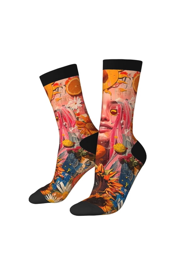 Vibrant Floral Collage Portrait Print Adult Socks for Men & Women,Calf Socks, Ankle Socks,Boots Socks,Breathable Casual Sock,Unisex Crew Socks