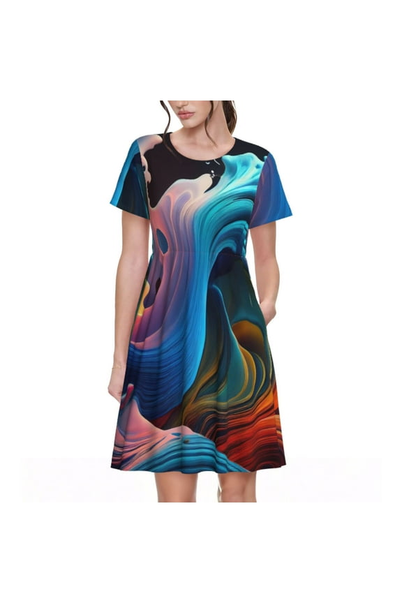 Vibrant Fluid Motion Art Print Womens Summer Dress,Casual Short Sleeve Sundresses,Beach A-line Shift Dress with Pockets