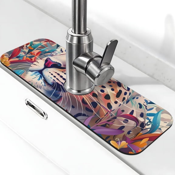 Logiee Vibrant Leopard In Flowers Print Kitchen Sink Splash Guard Faucet Mat for Splash Guard Behind Faucet Drip Catcher for Kitchen,Bathroom,Sink Mat,Dish Drying Mat,Bathroom-15" X 5.5"
