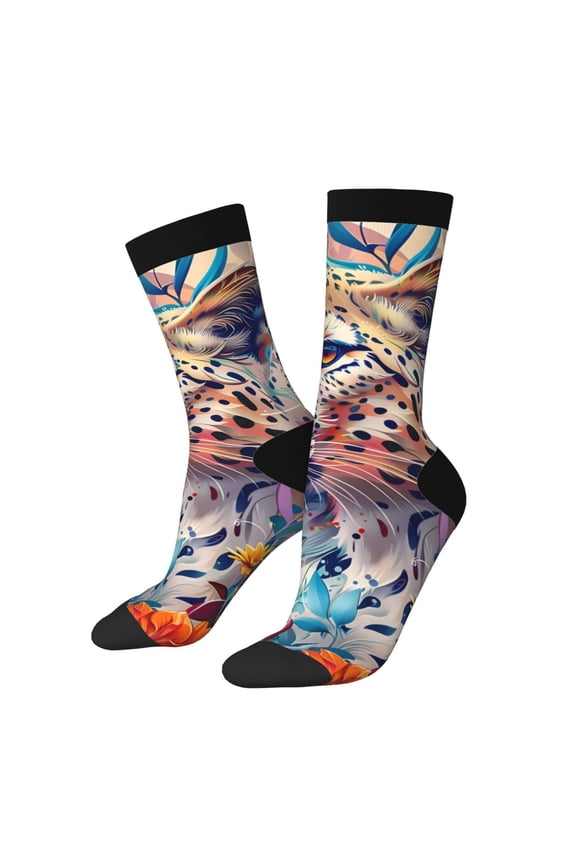 Vibrant Leopard In Flowers Print Adult Socks for Men & Women,Calf Socks, Ankle Socks,Boots Socks,Breathable Casual Sock,Unisex Crew Socks
