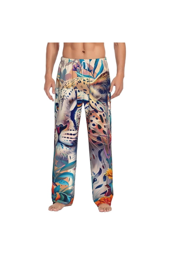 Vibrant Leopard In Flowers Print Pajama Pants for Men,Men’s Pajama Bottoms,Mens PJ Pants with Pockets & Button Fly-3X-Large