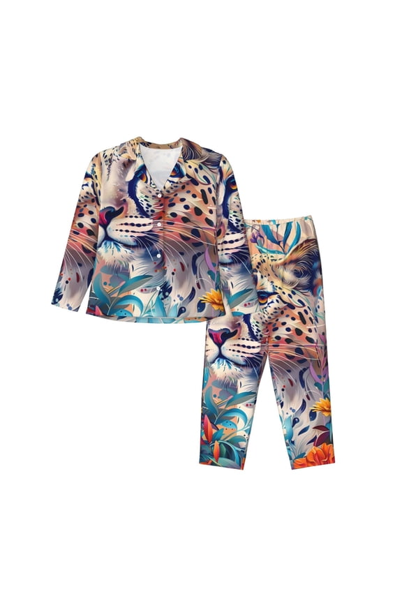 Vibrant Leopard In Flowers Print Womens Pajamas Set,Long Sleeve Sleepwear,Button Down Lounge Set 2 Pieces,Soft Nightwear Pjs Set-X-Large