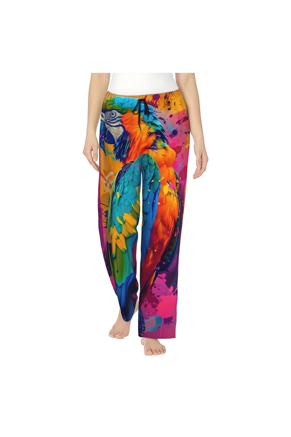 Vibrant Parrot Splash Art Print Women Pajama Pants,Comfy Pj Bottom with Pockets & Drawstring,Stretch Casual Sleepwear-X-Large