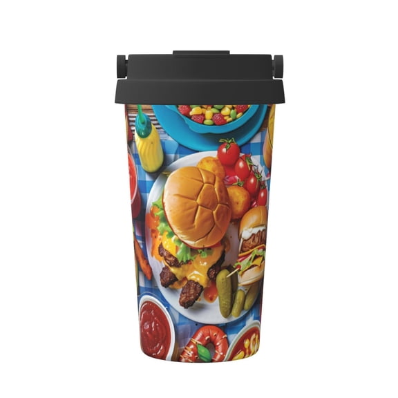 Logiee Vibrant Picnic Food Spread Print Stainless Steel Coffee Tumbler, Travel Coffee Mug, Insulated Coffee Mug with Lid, Spill Proof Coffee Cup, Portable Thermal Mug