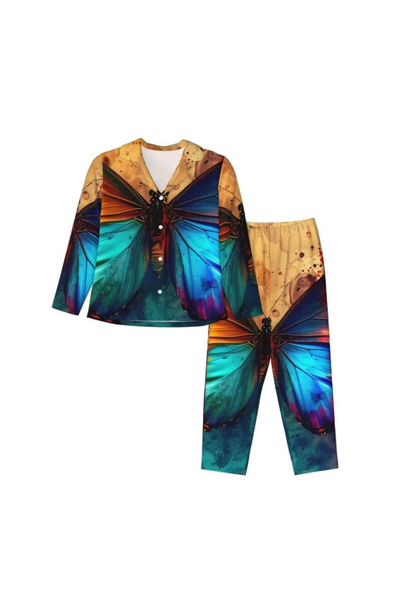 Vibrant Rainbow Butterfly A Print Womens Pajamas Set,Long Sleeve Sleepwear,Button Down Lounge Set 2 Pieces,Soft Nightwear Pjs Set-