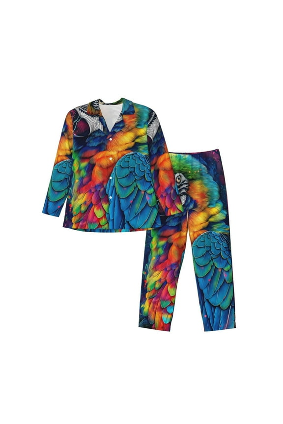 Vibrant Rainbow Parrot Fantasy Print Mens Long Sleeve Pajama Set,Notched Collar Pajamas for Men, Men's Sleepwear,Mens Sleepwear with Pockets & Button Down-Medium