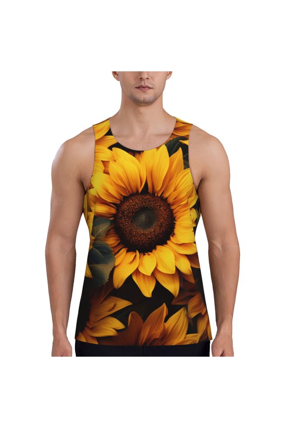 Vibrant Sunflower Blooms Print Men's Workout Tank Top,Quick Dry Workout Tank Top,Gym Muscle Tee,Fitness Bodybuilding Sleeveless T Shirt-Small