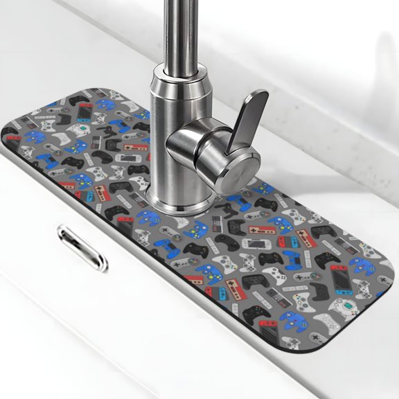 Logiee Video Game Print Kitchen Sink Splash Guard Faucet Mat for Splash Guard Behind Faucet Drip Catcher for Kitchen,Bathroom,Sink Mat,Dish Drying Mat,Bathroom-15" X 5.5"