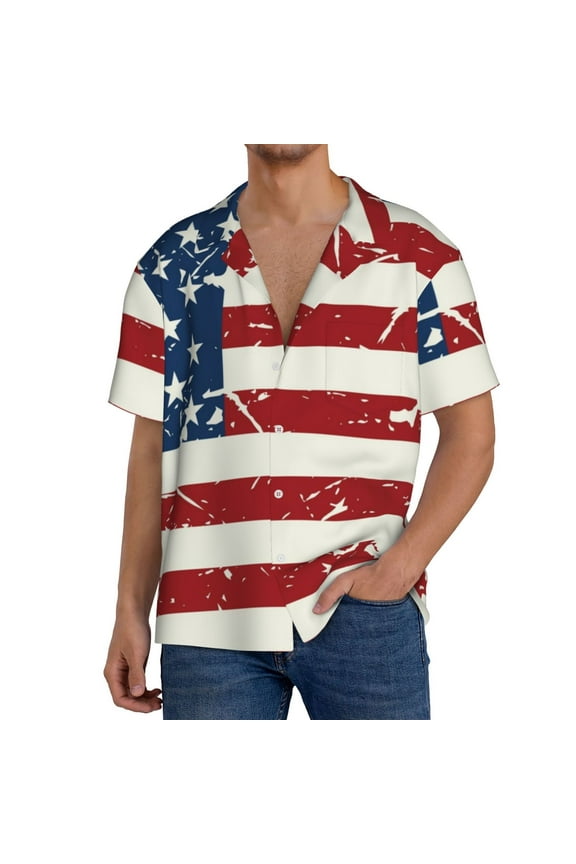Vintage American Flag Print Men's Button Down Shirts Short Sleeve, Summer Beach Shirts,Vacation Wedding Shirts,Men's Casual Button-Down Shirts with Pocket-Large