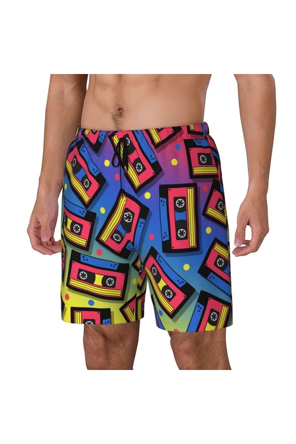 Vintage Audio Cassettes Print Men's Swim Trunk,Quick Dry Board Shorts ,Men's Swim Trunks with Compression Liner, Bathing Suits with Pockets-Large