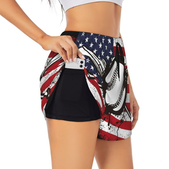 Logiee Vintage Baseball American Flag Print Women 2 in 1 Running Shorts,High Waisted Athletic Shorts,Gym Workout Shorts with Liner Pockets-Medium