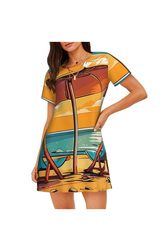 Vintage Beach Sunset Print Nightgowns for Women,Soft Short-Sleeved Lightweight Sleepwear, Loose Sleepshirts