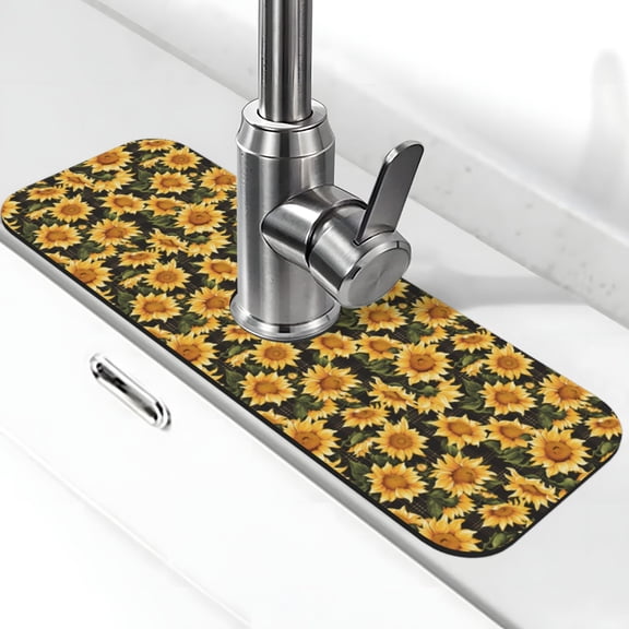 Logiee Vintage Black Plaid Sunflower Print Kitchen Sink Splash Guard Faucet Mat for Splash Guard Behind Faucet Drip Catcher for Kitchen,Bathroom,Sink Mat,Dish Drying Mat,Bathroom-15" X 5.5"