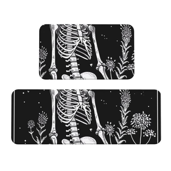 Logiee Vintage Black white Plant skull Print Kitchen Mats for Floor Sets of 2,Waterproof Kitchen Rugs,Non Slip Comfort Standing Mat Rug for Home,Runner,Sink,Office,Laundry