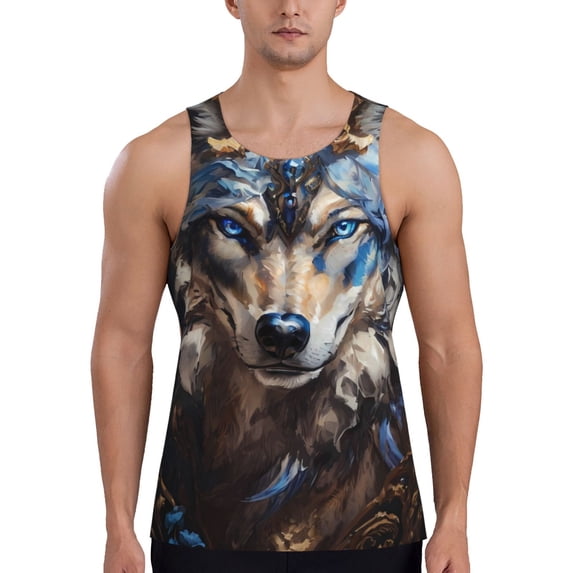 Logiee Vintage Blue Floral Wolf Print Men's Workout Tank Top,Quick Dry Workout Tank Top,Gym Muscle Tee,Fitness Bodybuilding Sleeveless T Shirt-Medium