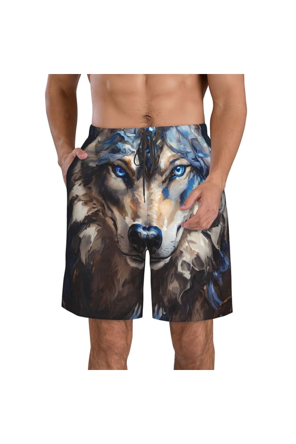 Vintage Blue Floral Wolf Print Mens Swim Trunks Quick Dry Board Shorts,Breathable Hawaii Beach Shorts Swimwear Bathing Suits-Medium