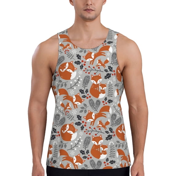 Logiee Vintage Blue Fox Family A Print Men's Workout Tank Top,Quick Dry Workout Tank Top,Gym Muscle Tee,Fitness Bodybuilding Sleeveless T Shirt-3X-Large