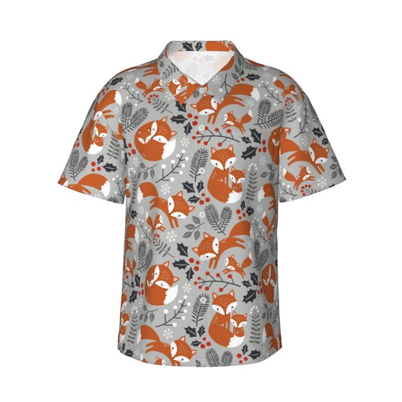 Logiee Vintage Blue Fox Family A Print Mens Hawaiian Shirts,Loose-Fit Short Sleeve Button Down Tropical Aloha Beach Shirt,Summer Vacation Wedding Tops,Medium