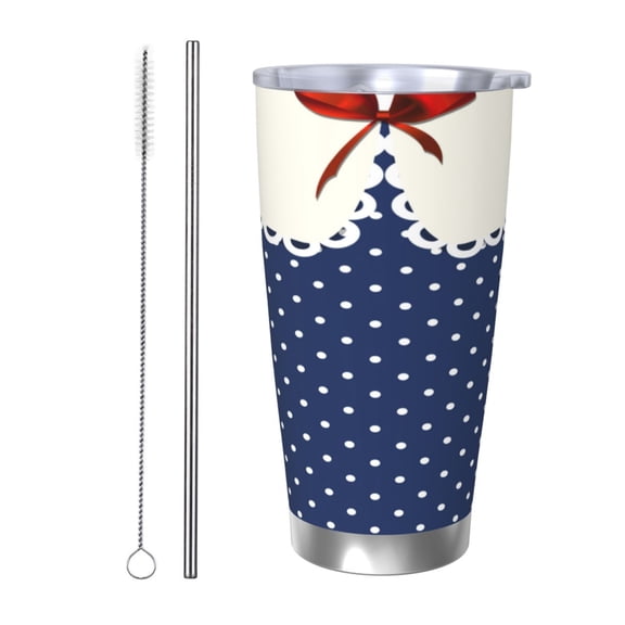 Logiee Vintage Blue Polka-dot Print 20OZ Car Cup with Lid, Stainless Steel Vacuum Insulated Double Wall Travel Tumbler, Durable Insulated Coffee Mug,Thermal Cup with Straw-Straw Two-piece Set