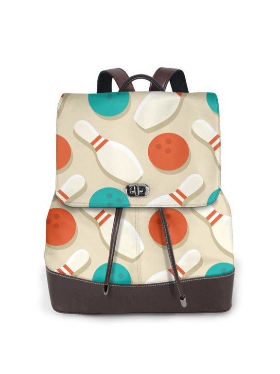 Logiee Vintage Bowling Print Backpack Purse for Women,Fashion Leather Backpack Purse,Women's Leather Backpack for Work College Travel