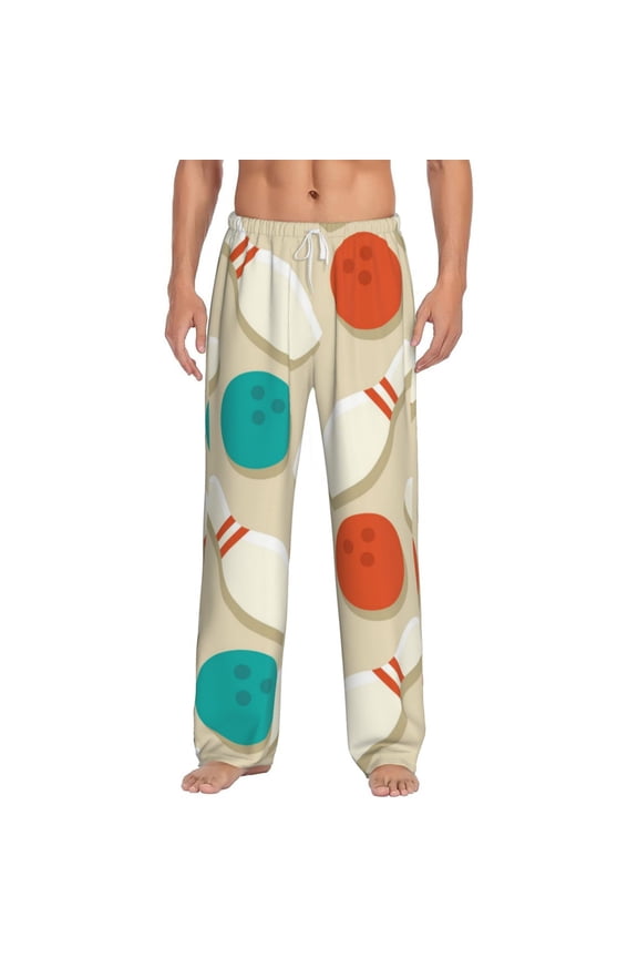 Vintage Bowling Print Pajama Pants for Men,Men’s Pajama Bottoms,Mens PJ Pants with Pockets & Button Fly-Large