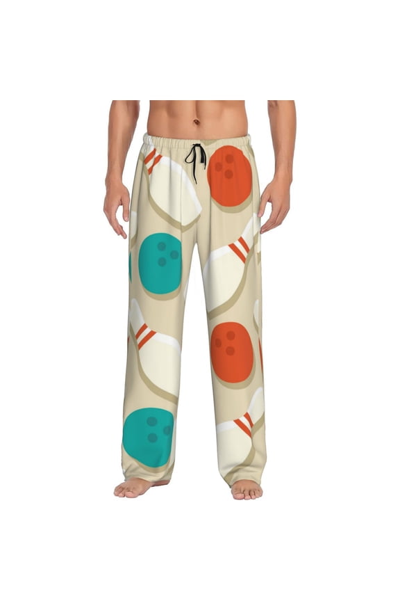 Vintage Bowling Print Pajama Pants for Men,Men’s Pajama Bottoms,Mens PJ Pants with Pockets & Button Fly-Large