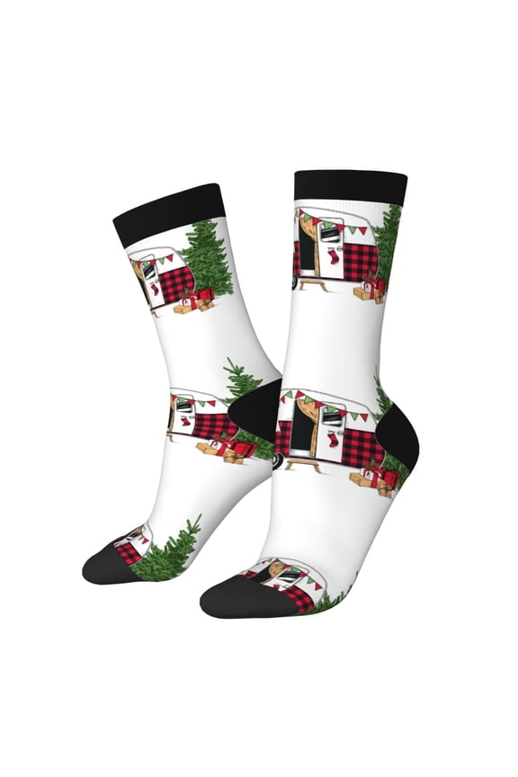 Vintage Buffalo Plaid Christmas Camper Print Adult Socks for Men & Women,Calf Socks, Ankle Socks,Boots Socks,Breathable Casual Sock,Unisex Crew Socks