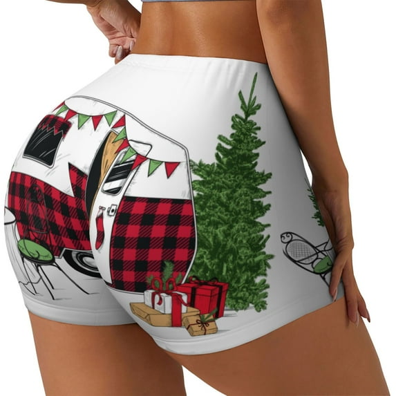 Logiee Vintage Buffalo Plaid Christmas Camper Print Women's Biker Shorts,Workout Gym Shorts,Scrunch Shorts,Tummy Control Hidden Scrunch Running Yoga Shorts-Large