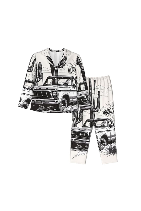 Vintage Cactus Pickup Print Womens Pajamas Set,Long Sleeve Sleepwear,Button Down Lounge Set 2 Pieces,Soft Nightwear Pjs Set-XX-Large