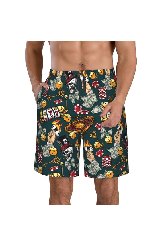 Vintage Casino Chips Print Mens Swim Trunks Quick Dry Board Shorts,Breathable Hawaii Beach Shorts Swimwear Bathing Suits-Large