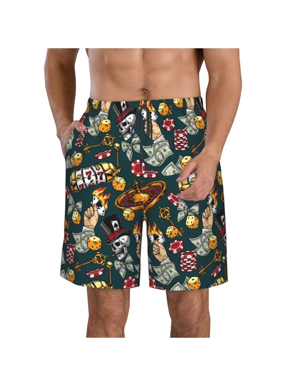 Vintage Casino Chips Print Mens Swim Trunks Quick Dry Board Shorts,Breathable Hawaii Beach Shorts Swimwear Bathing Suits-Medium