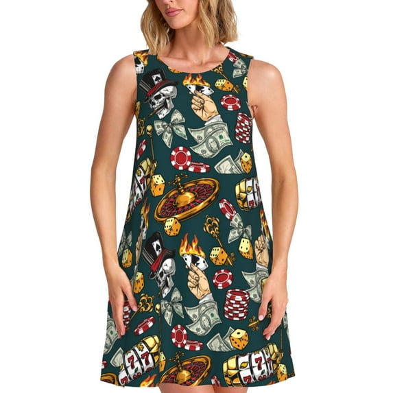 Logiee Vintage Casino Chips Print Summer Dresses for Women,Beach Sleeveless Flowy Pocket Tshirt Tank Sundresses,Women's Sleeveless Dress