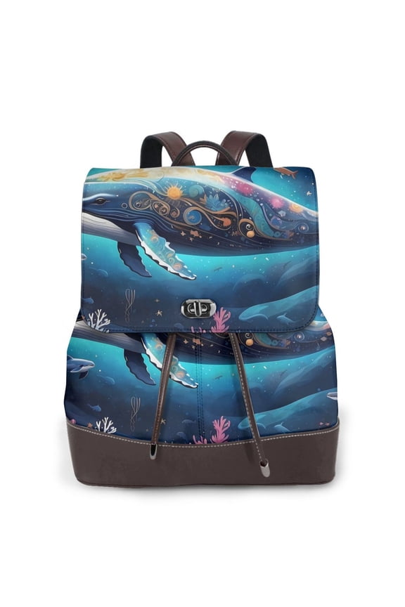 Vintage Colorful Patterned Dolphin Print Women's Leather Backpack,Travel Laptop Backpack,Fashion Ladies Leather Backpack Bag for Travel,Leather Drawstring Daypack for Me