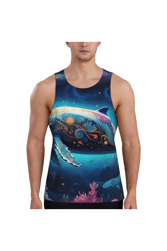 Vintage Colorful Patterned Dolphin Print Men's Workout Tank Top,Quick Dry Workout Tank Top,Gym Muscle Tee,Fitness Bodybuilding Sleeveless T Shirt-Large