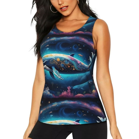 Logiee Vintage Colorful Patterned Dolphin Print Women's Workout Tank Top, Dry Fit Summer Tank Top,Gym Yoga Workout Sports Tee,Sleeveless Athletic Shirts-Large