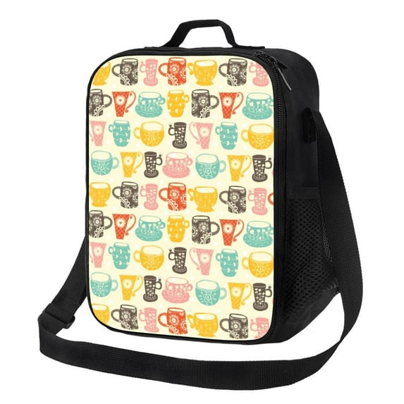 Logiee Vintage Cup Print Insulated Lunch Bag for Women/Men, Reusable Lunch Box for Office Work School Picnic Beach,Leakproof Freezable Cooler Bag with Shoulder Strap