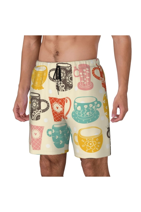 Vintage Cup Print Men's Swim Trunk,Quick Dry Board Shorts ,Men's Swim Trunks with Compression Liner, Bathing Suits with Pockets-3X-Large