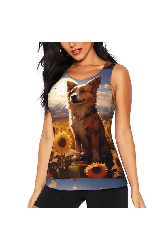 Vintage Cute Corgi Sunflower Print Women's Workout Tank Top, Dry Fit Summer Tank Top,Gym Yoga Workout Sports Tee,Sleeveless Athletic Shirts-Medium