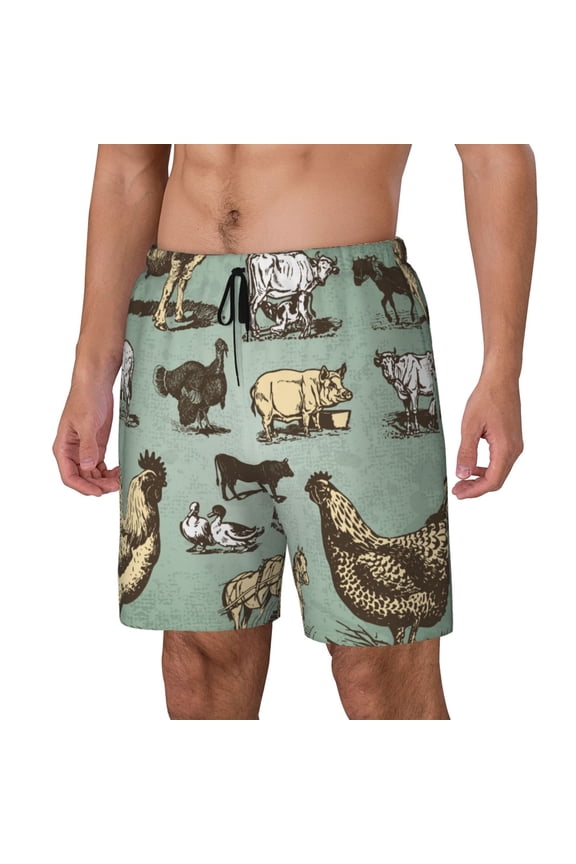 Vintage Farm Animals Print Men's Swim Trunk,Quick Dry Board Shorts ,Men's Swim Trunks with Compression Liner, Bathing Suits with Pockets-Small