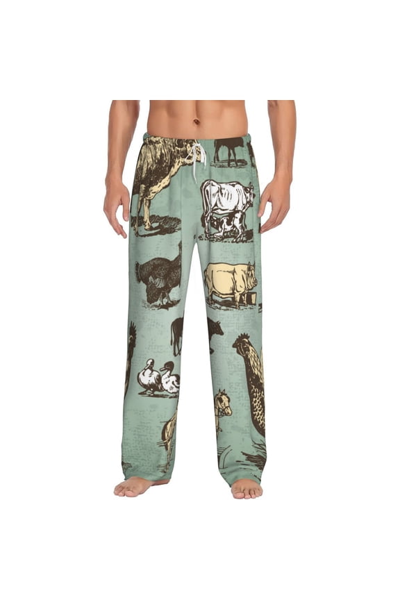 Vintage Farm Animals Print Pajama Pants for Men,Men’s Pajama Bottoms,Mens PJ Pants with Pockets & Button Fly-3X-Large